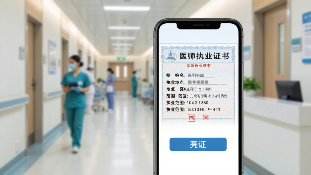 医通办电子证照功能展示图,手机屏幕显示一张“医师执业证书”电子证照,证书上有姓名、执业地点、执业范围等信息,旁边有“亮证”按钮,背景是医院走廊虚化场景,风格写实,画质清晰,干净无多余元素