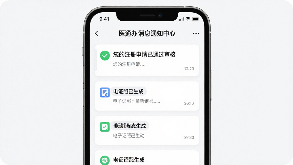医通办消息通知中心界面图,手机屏幕显示多条消息卡片,内容包含“您的注册申请已通过审核”“电子证照已生成”等,界面清爽,背景为白色,风格现代,画质清晰,干净无多余元素