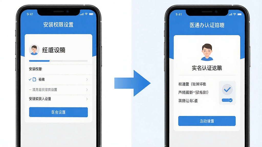 医通办新手操作指引图,画面展示手机屏幕分屏效果,左侧为安装权限设置界面,右侧为实名认证界面,中间用箭头连接,风格扁平化,色调以蓝白为主,画质高清,干净无多余元素