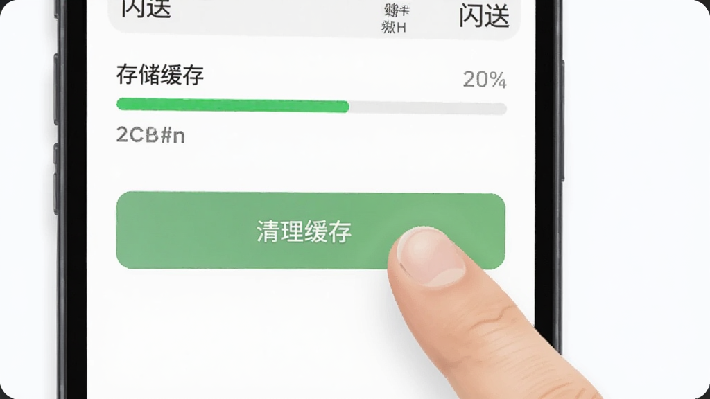 一幅展示手机界面清理缓存步骤的示意图,画面中有手指点击“清理缓存”按钮的动作,背景为浅色简约风格,细节包括存储空间进度条,画质清晰,无多余元素,图片中可带有“闪送”文字