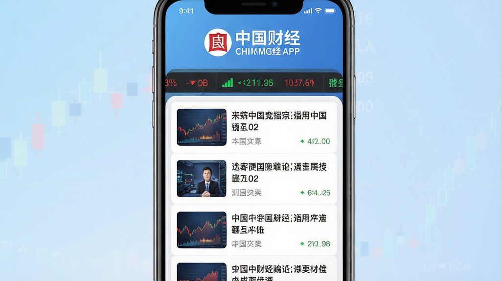 手机屏幕居中展示中国财经APP首页界面,上方显示中国财经Logo与名称,页面布局为财经新闻卡片列表,包含股票行情滚动条与要闻标题,背景为浅蓝色渐变,风格简洁商务,画质清晰干净无多余元素