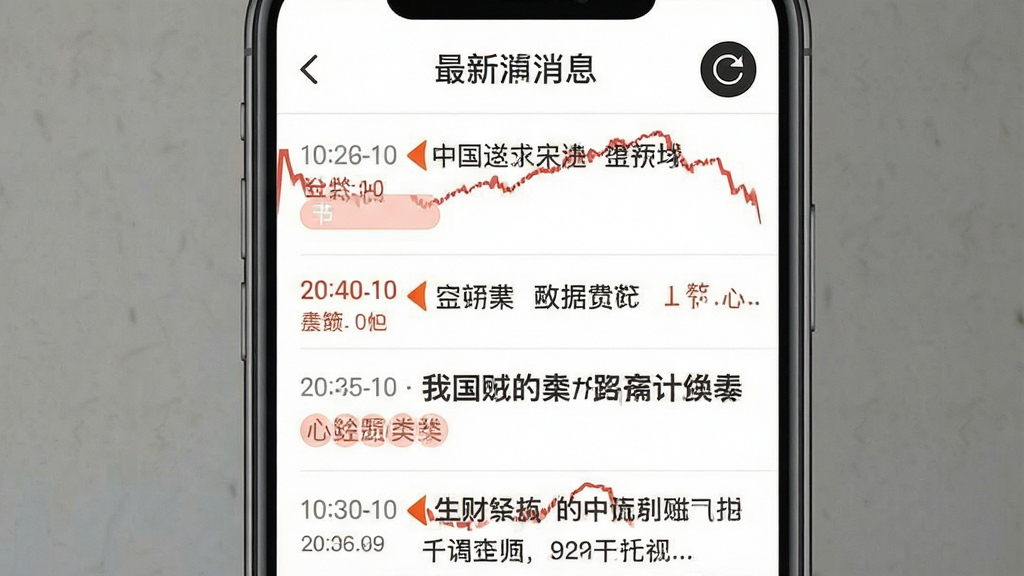 中国财经APP最新消息页面,手机屏幕显示滚动新闻列表,每条新闻带有时间戳和分类标签,顶部有刷新按钮,页面风格清爽,画质清晰干净无多余元素