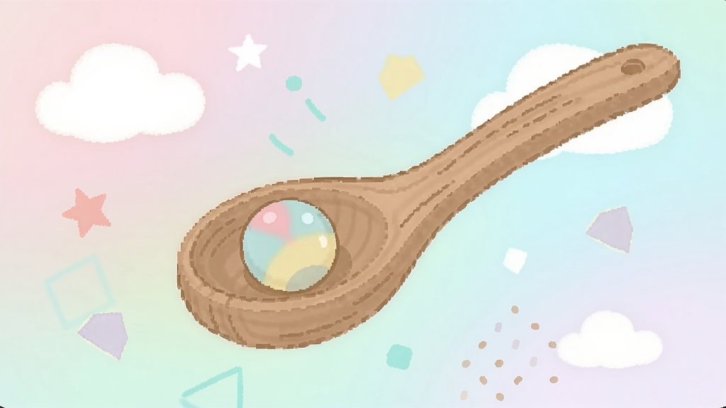 一幅以“长勺”为主题的清新风格插画,画面主体是一根木质长勺,勺中有一颗彩色的小球。背景是柔和的马卡龙色系渐变,点缀着云朵、星星和简单的几何图形。整体风格简约可爱,线条柔和,色彩清新,画质干净明亮,画面中无任何文字元素,突出长勺与轻松氛围。