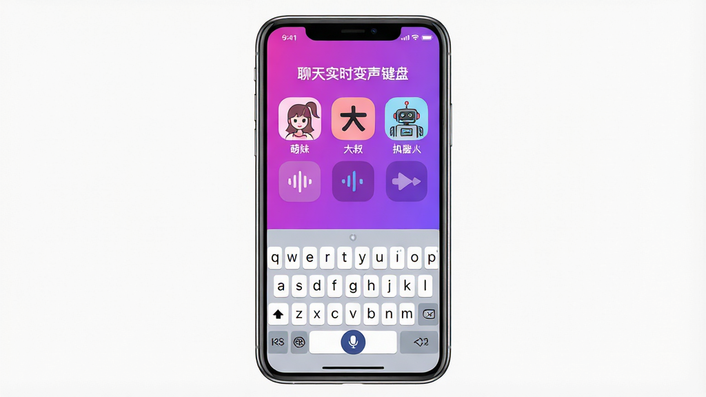 一张展示智能手机屏幕的图片,屏幕中央显示“聊天实时变声键盘”App界面,界面包含多种音色图标如萌妹、大叔、机器人,键盘区域有麦克风按钮,背景为明亮的渐变紫色,风格为现代扁平化UI设计,细节清晰,画质干净,无多余元素