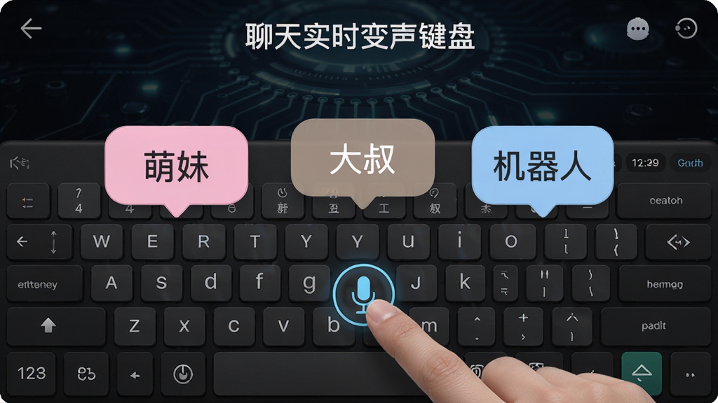 一张展示“聊天实时变声键盘”功能界面的图片,画面中键盘上方悬浮着多个音色气泡,包括“萌妹”“大叔”“机器人”,手指正在点击麦克风图标,背景为深色科技感界面,风格为写实UI截图,细节丰富,画质清晰,无多余元素