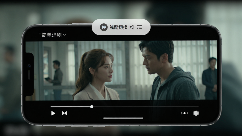 手机屏幕显示“简单追剧”播放界面,画面中正在播放一部电视剧,底部有进度条和控制按钮,屏幕上方有线路切换的浮动按钮,背景是模糊的影视画面,整体风格简洁实用,画质清晰,干净无多余元素