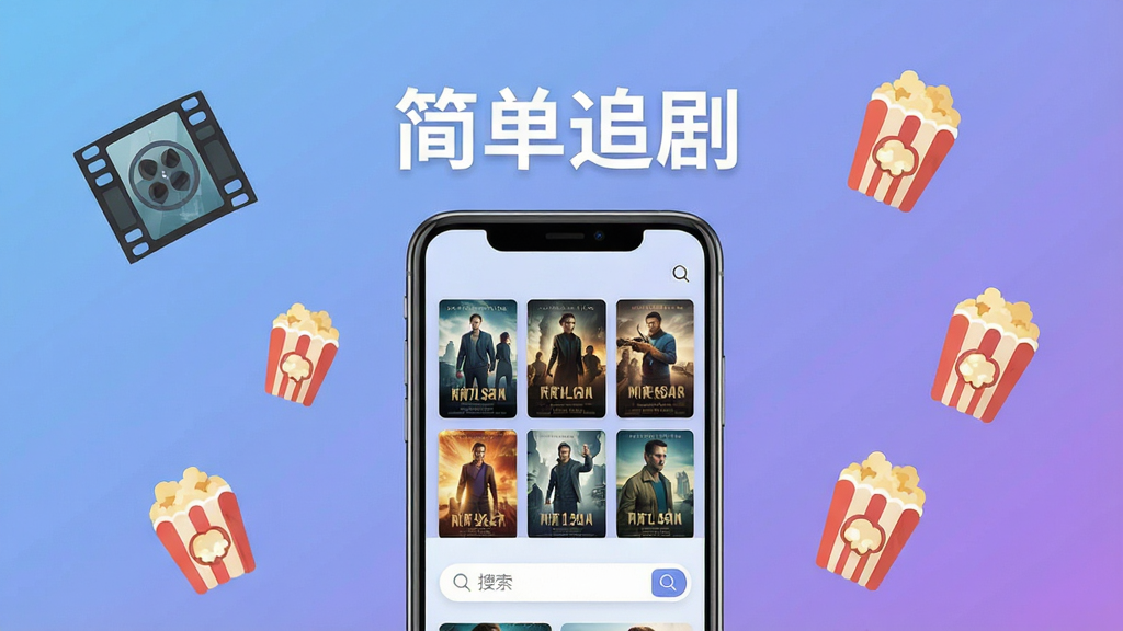一张展示手机追剧场景的图片,画面中央是一部竖直放置的智能手机,手机屏幕上显示着影视海报墙和搜索框,顶部有“简单追剧”四个大字,背景是柔和的蓝紫色渐变,周围漂浮着电影胶片和爆米花图标,整体风格简洁现代,扁平化设计,画质清晰,干净无多余元素