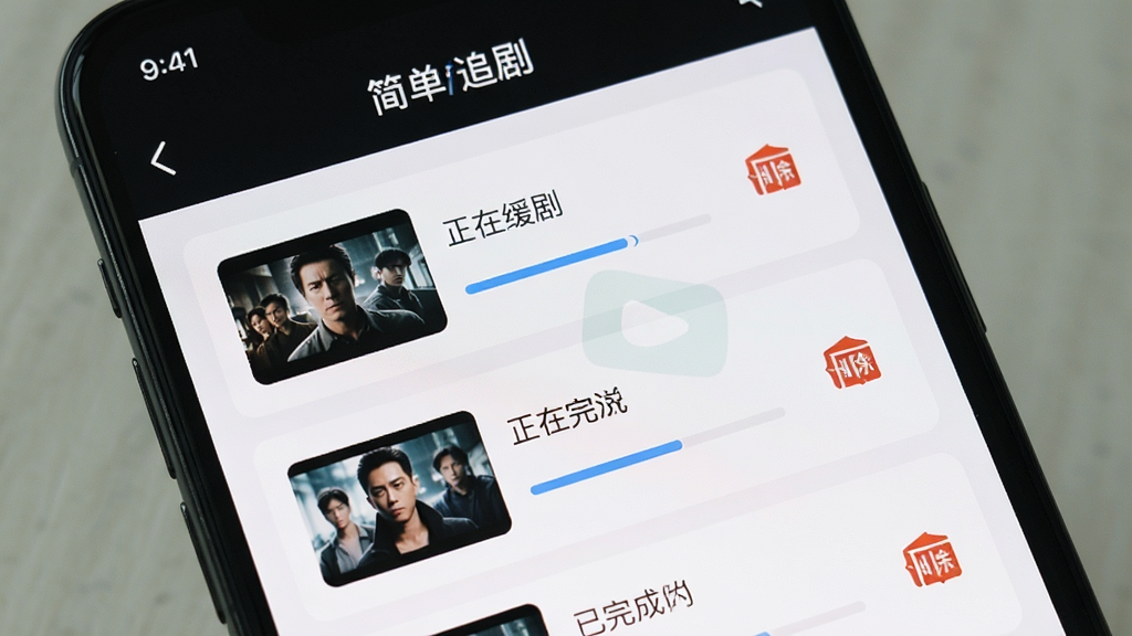 手机屏幕显示“简单追剧”下载管理界面,列表中展示多个正在缓存和已完成的剧集任务,每个任务旁边有进度条和删除按钮,背景是浅色卡片式设计,整体风格清爽有序,画质清晰,干净无多余元素