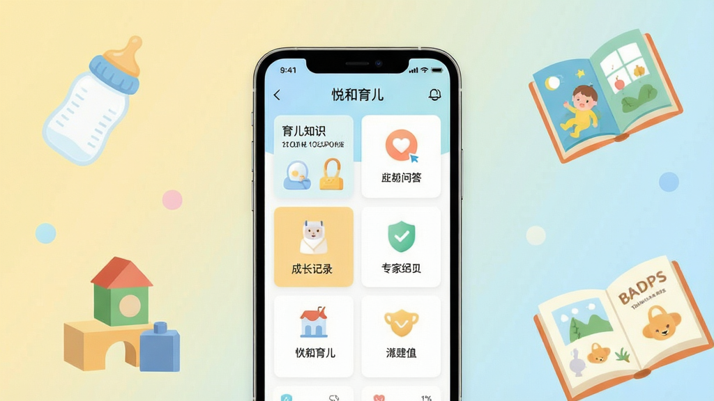 悦和育儿软件主界面预览图,画面中央展示一部智能手机,手机屏幕上呈现悦和育儿APP的首页布局,包含育儿知识卡片、宝宝成长记录入口、专家问答图标等元素,背景为温馨的淡黄色与浅蓝色渐变,周围环绕奶瓶、积木、绘本等育儿相关小物件插画,整体风格清新柔和,排版整洁有序,画质清晰干净,无多余元素