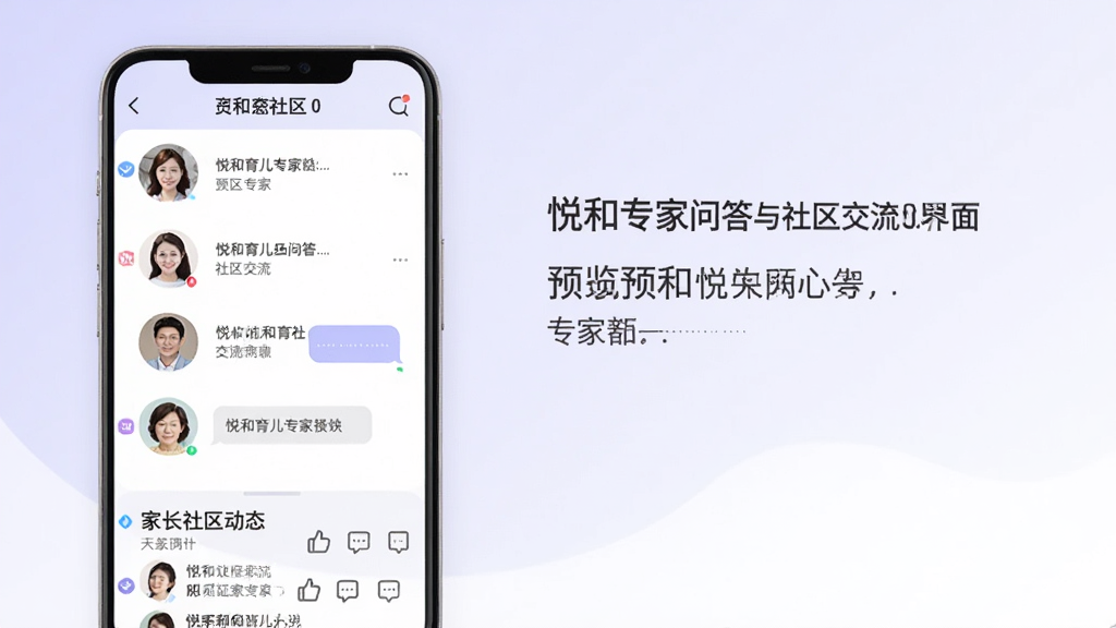 悦和育儿专家问答与社区交流界面预览图,画面展示手机屏幕中专家头像列表与问答对话气泡,下方为家长社区动态流,包含点赞评论图标,背景为浅紫色与白色渐变,风格温和专业,排版整齐,画质清晰,无多余装饰