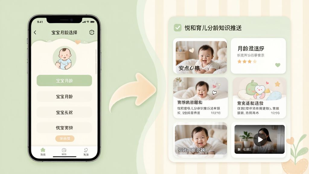 悦和育儿分龄知识推送功能展示图,画面左侧为手机屏幕显示宝宝月龄选择界面,右侧展开对应月龄的育儿知识列表,包含图文卡片和视频缩略图,中间用柔和的箭头连接,背景采用淡绿色与米白色搭配,风格简约温馨,排版清晰,画质干净无杂乱元素