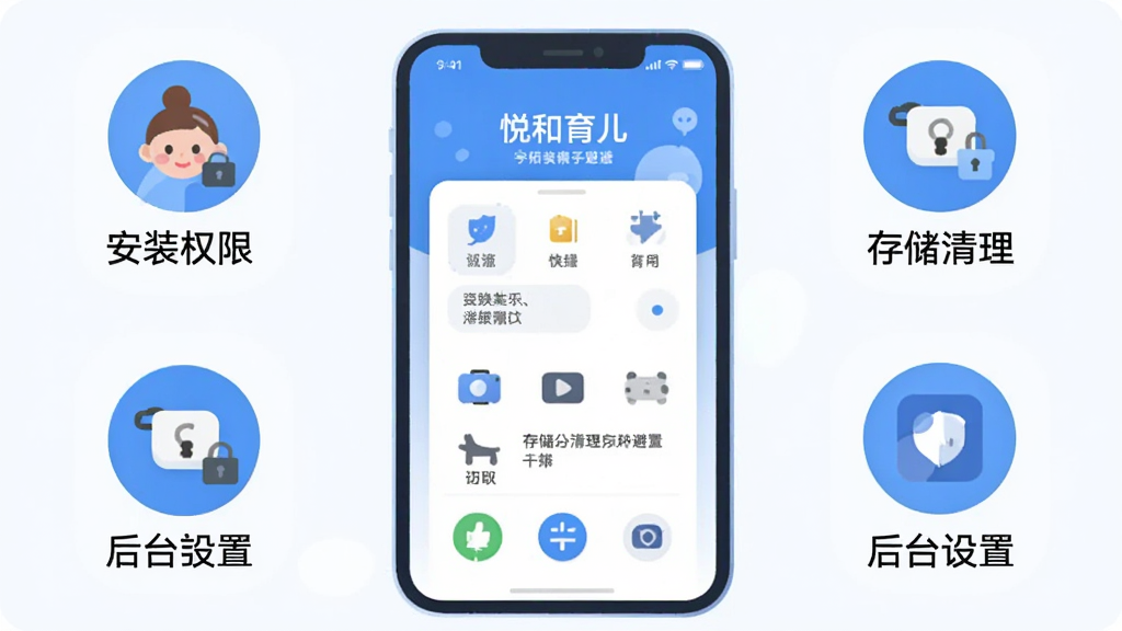 悦和育儿新手操作避坑示意图,画面以手机屏幕为中心,周围用图标和简短文字标注安装权限、存储清理、后台设置等要点,采用扁平化风格,色彩以蓝白为主,排版清晰直观,画质干净,无多余元素