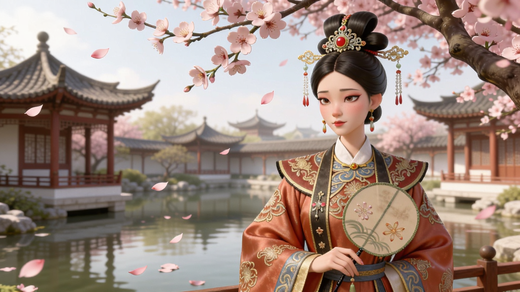 一幅古风后宫庭院场景图,画面中一位身着华丽旗装的妃嫔站在桃花树下,远处是亭台楼阁与水池,布局为前景人物加背景建筑,风格为唯美古风插画,细节包括花瓣飘落、团扇、发饰,画质高清,干净,无多余元素