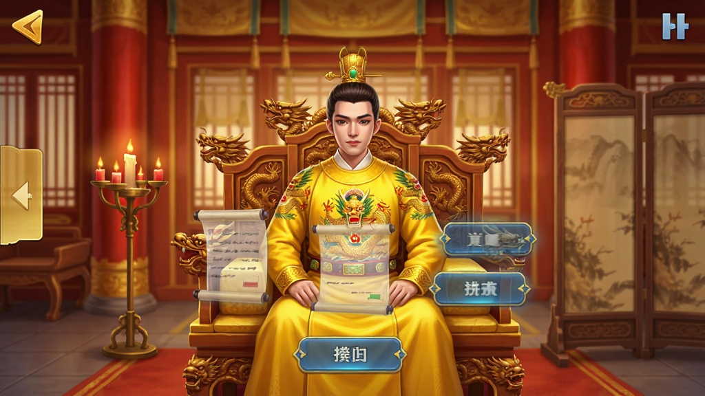 一张竖版手机游戏截图风格图片,画面中一位身穿明黄色龙袍的年轻皇帝端坐于龙椅之上,面前漂浮着半透明的奏折与选项按钮,背景是金红色的宫殿内景,布局为中央人物加两侧UI元素,风格为古风手游界面,细节包括龙椅雕花、烛台、屏风,画质清晰,干净,无多余元素