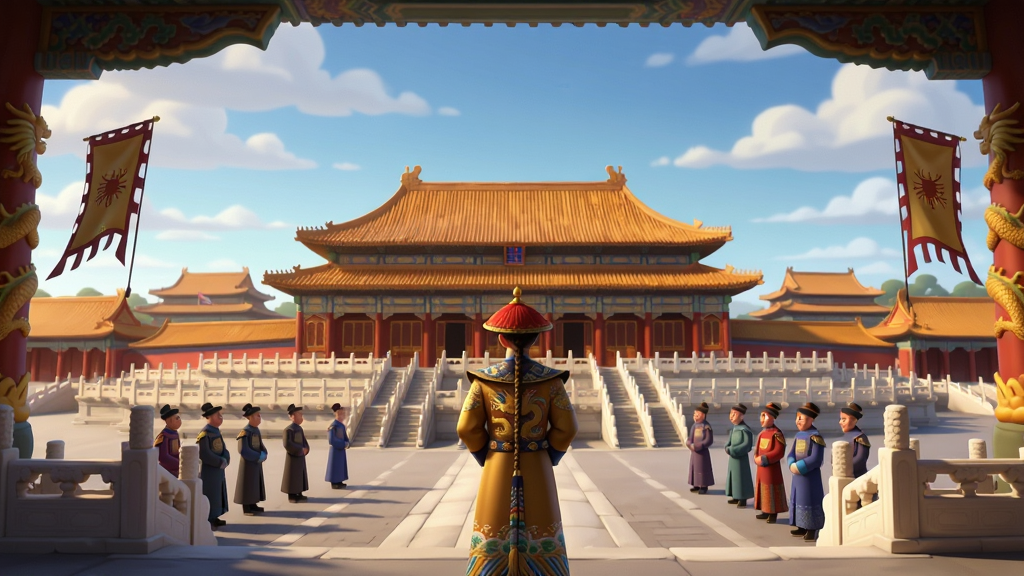 一幅气势恢宏的清朝宫廷场景图,画面中央是金碧辉煌的太和殿,殿前广场上站立着身穿龙袍的皇帝背影,文武百官分列两侧,远处是层层叠叠的宫殿屋顶与蓝天白云,布局采用对称式构图,风格为中国古风写实插画,细节包括龙纹柱、汉白玉栏杆、飘动的旗帜,画质高清,干净,无多余元素