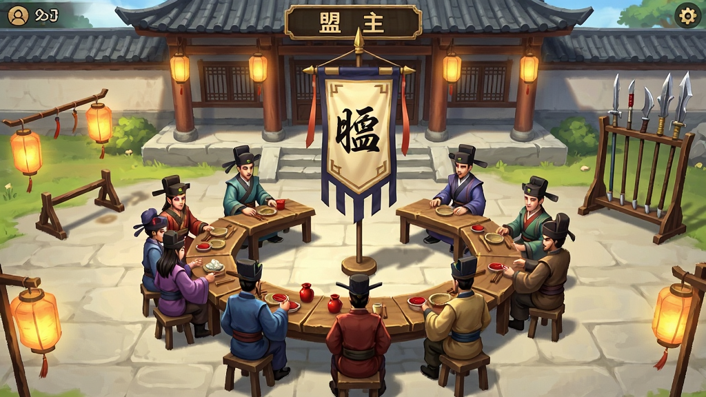 一张古风联盟场景图,画面中多位玩家角色身穿不同官服聚集在盟主府前,中央是盟主大旗,布局为圆形围坐加旗帜居中,风格为古风手游社交界面插画,细节包括酒桌、灯笼、兵器架,画质高清,干净,无多余元素