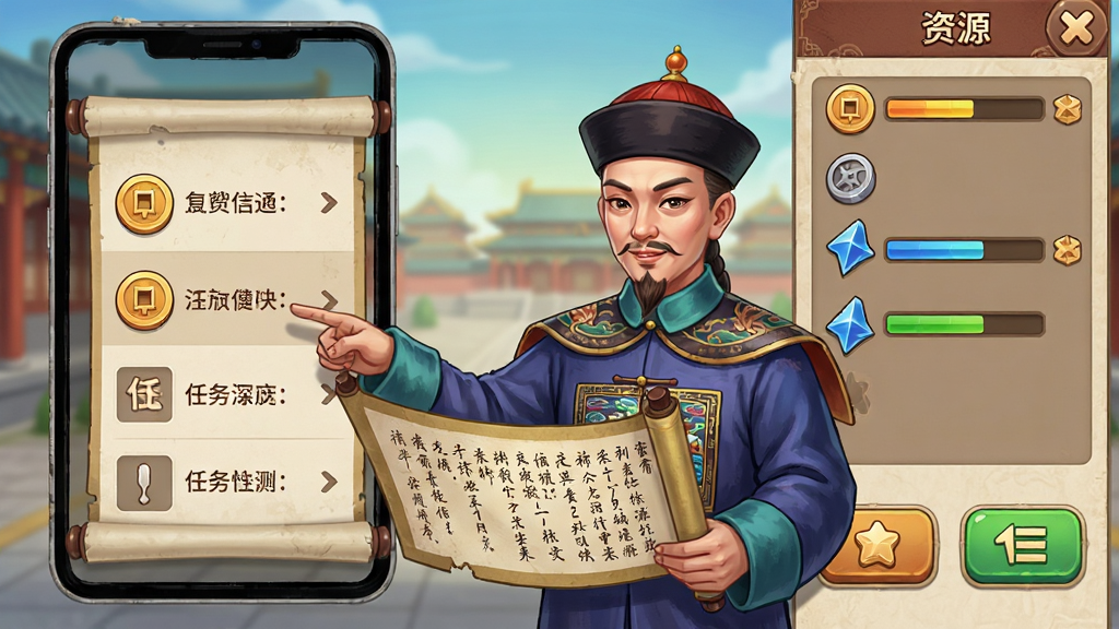 一张手机游戏新手引导界面图,画面中一位清朝官员手持卷轴指向屏幕左侧的任务列表,右侧是资源栏与按钮,布局为左右分栏,风格为古风手游UI插画,细节包括卷轴文字、铜钱图标、体力条,画质清晰,干净,无多余元素