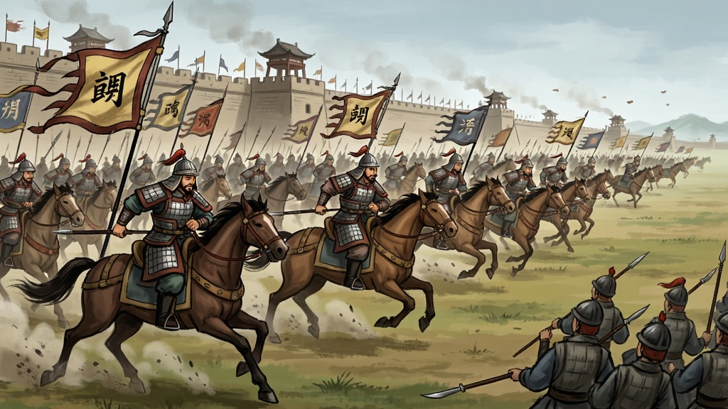 一幅古代战争场景图,画面中清军骑兵与步兵在旷野上列阵冲锋,远处是城墙与烽火台,布局为横向展开的战场全景,风格为中国古风战争插画,细节包括旗帜、铠甲、尘土飞扬,画质高清,干净,无多余元素