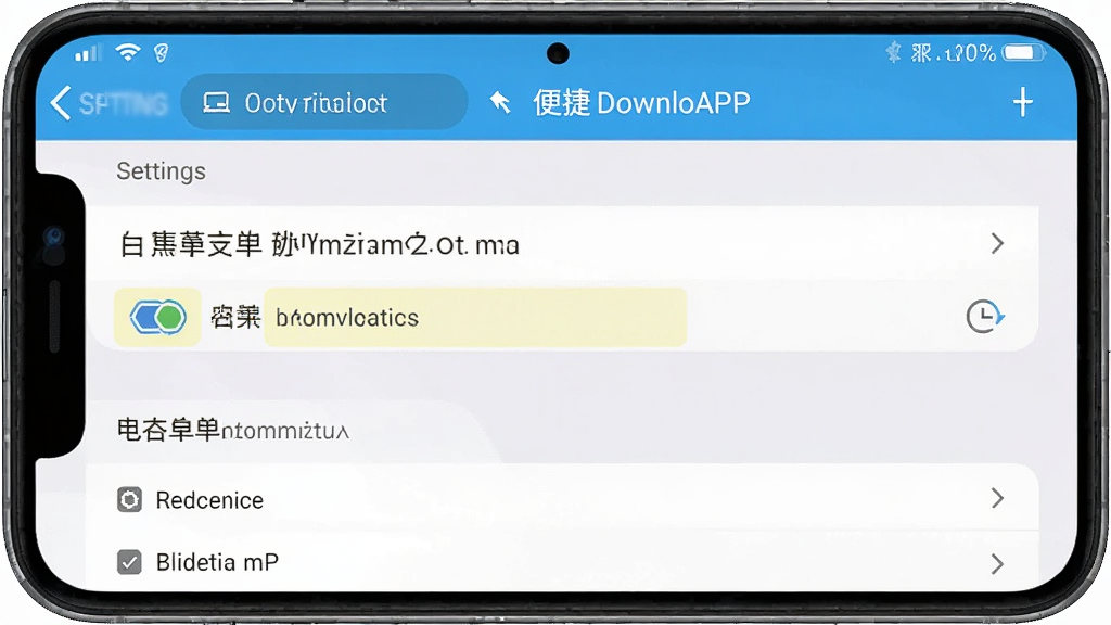 一张手机设置界面的示意图,展示如何将便捷下载APP加入电池优化白名单,布局为手机屏幕特写,风格写实UI,细节有设置菜单、电池优化选项和高亮标记,画质清晰,干净,无多余元素