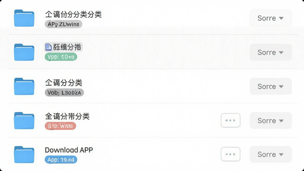 一个整洁的文件管理界面截图风格图,展示便捷下载APP中的文件分类列表,布局为垂直列表,风格清新简约,细节有文件夹图标、文件类型标签和排序按钮,画质清晰,干净,无多余元素