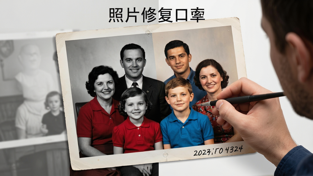 一张黑白全家福照片正在被照片修复大神进行上色处理,画面中黑白区域与彩色区域各占一半,彩色部分皮肤呈现自然肤色、衣服有红蓝色彩,顶部有照片修复大神名称,布局居中展示,风格怀旧与现代结合,细节包括色彩渐变过渡、照片边框、手写日期,画质细腻,干净无多余元素