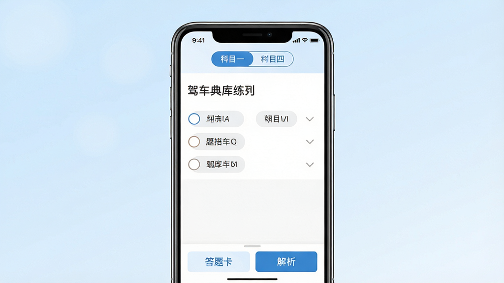 一张展示驾车考典手机应用界面的效果图,画面中央是一部竖屏智能手机,屏幕内显示驾车考典的题库练习页面,顶部有科目一科目四切换标签,中间是单选题题干与选项,底部有答题卡与解析按钮,背景为浅蓝色渐变,风格简洁清爽,细节清晰,画质干净,无多余元素