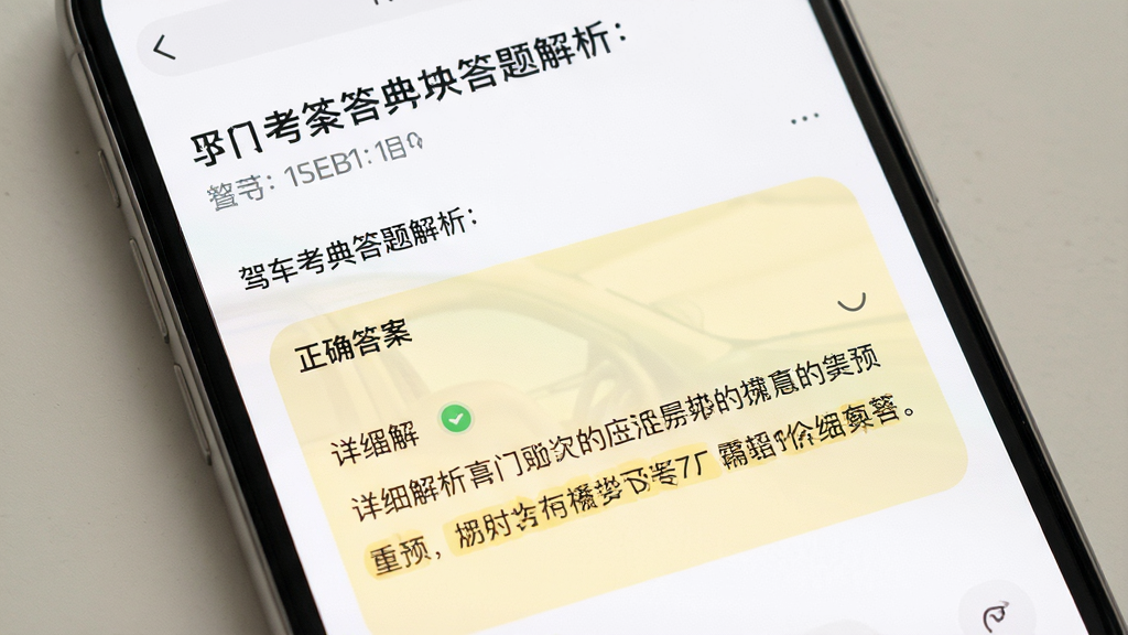 一张展示驾车考典答题解析页面的效果图,画面为手机屏幕内显示题目、正确答案与详细解析文字,解析区域用浅黄色底色突出,整体风格柔和圆角,细节清晰,画质干净,无多余元素