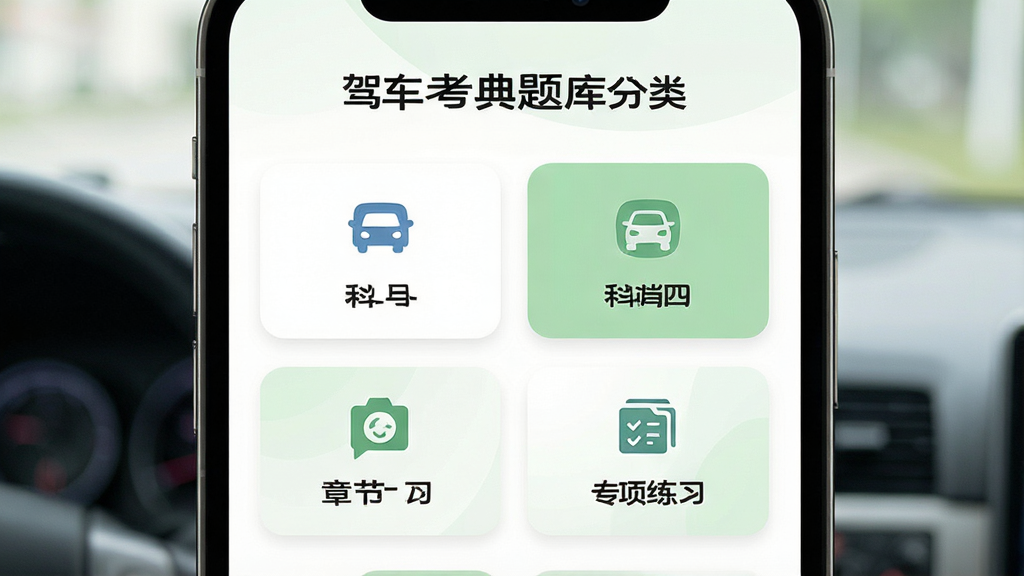 一张展示驾车考典题库分类页面的效果图,画面为手机屏幕特写,屏幕内显示科目一、科目四、章节练习、专项练习等入口按钮,图标清晰,布局整齐,背景为白色与淡绿色搭配,风格清新,画质干净,无多余元素