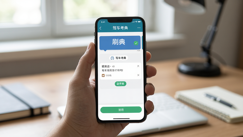 一张展示驾车考典在手机上稳定运行的场景图,画面为一只手拿着手机,屏幕内显示驾车考典刷题界面,背景为室内书桌环境,风格写实,细节清晰,画质干净,无多余元素