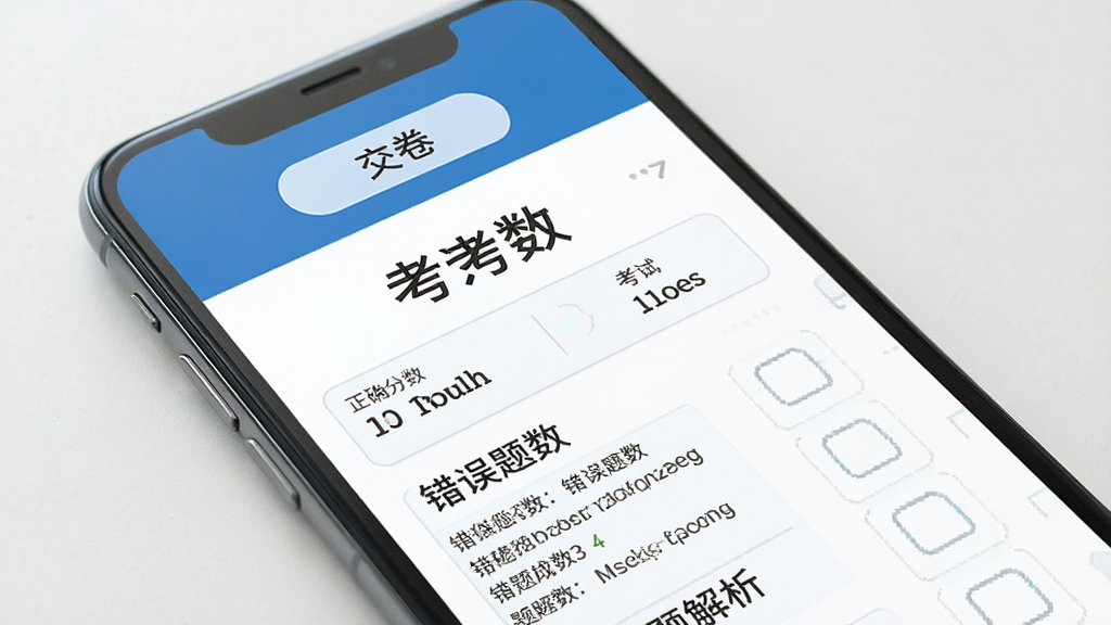 一张展示驾车考典模拟考试成绩页面的效果图,画面为手机屏幕内显示考试分数、正确题数、错误题数与错题解析列表,顶部有交卷按钮,界面配色为蓝白相间,风格简洁商务,细节清晰,画质干净,无多余元素