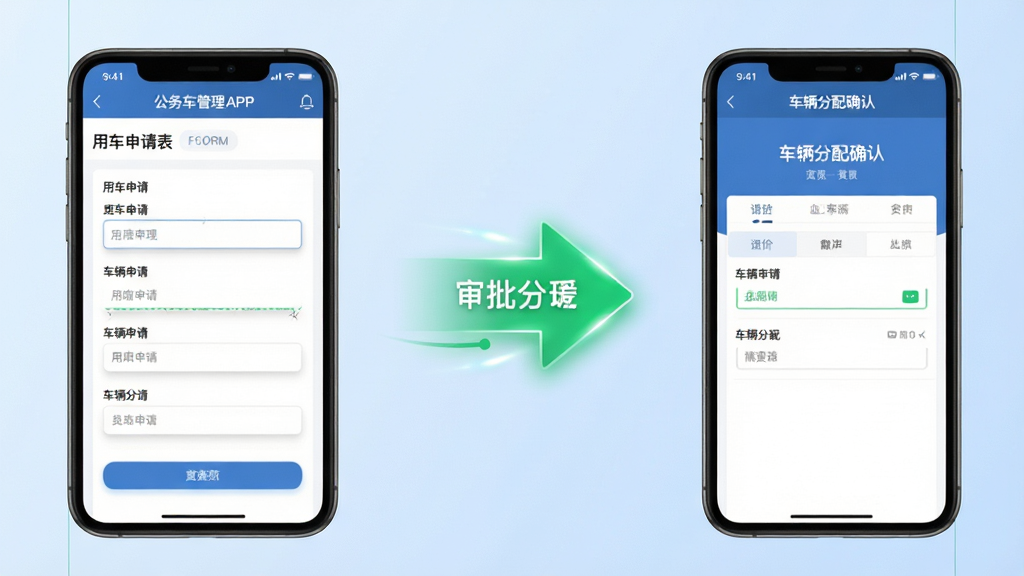 画面采用三分法布局,左侧显示公务车管理APP的用车申请表单界面,中间为绿色审批通过箭头,右侧为车辆分配确认页面,背景为淡蓝色渐变,风格为现代扁平化UI展示图,细节上表单输入框有轻微内阴影、箭头带有动态光效,画质清晰干净无多余元素