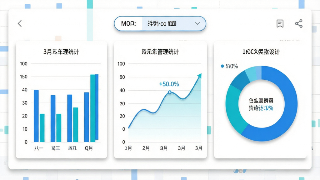 画面中央为公务车管理APP的费用统计仪表盘界面,包含柱状图、折线图和环形图三种图表组件,图表颜色以蓝色和青色为主,界面顶部有月份筛选按钮,背景为纯白卡片式布局,风格为简洁商务数据面板,细节上图表带有轻微投影、数字字体清晰锐利,画质干净无多余元素