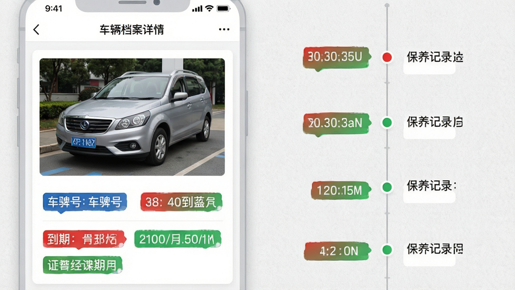 画面左侧为公务车管理APP的车辆档案详情页,显示车辆照片、车牌号和各项证件到期倒计时标签,右侧为一条竖向时间轴展示保养记录,背景为浅灰色纹理,风格为卡片式信息展示,细节上倒计时标签有红色和绿色区分、时间轴节点带有小圆点,画质清晰干净无多余元素