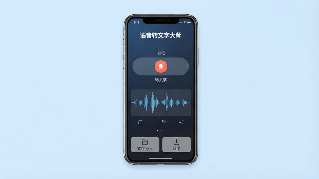 一张展示语音转文字大师软件界面的图片,画面中央是手机屏幕,屏幕上显示着软件主界面,顶部有“语音转文字大师”字样,中间是录音转文字的操作按钮和音频波形图,底部有文件导入和导出选项。背景是干净的浅蓝色渐变,整体风格简洁现代,画质清晰,无多余元素。