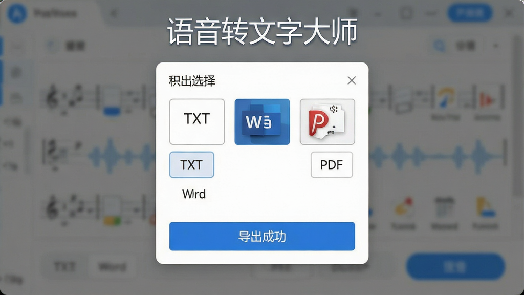 一张展示语音转文字大师文本导出功能的图片,画面中显示导出格式选择菜单,包括TXT、Word、PDF等选项,下方有“导出成功”提示,顶部有“语音转文字大师”文字。布局为弹出式菜单,风格为简约商务风,配色以白色和蓝色为主,细节清晰,画质干净,无多余元素。