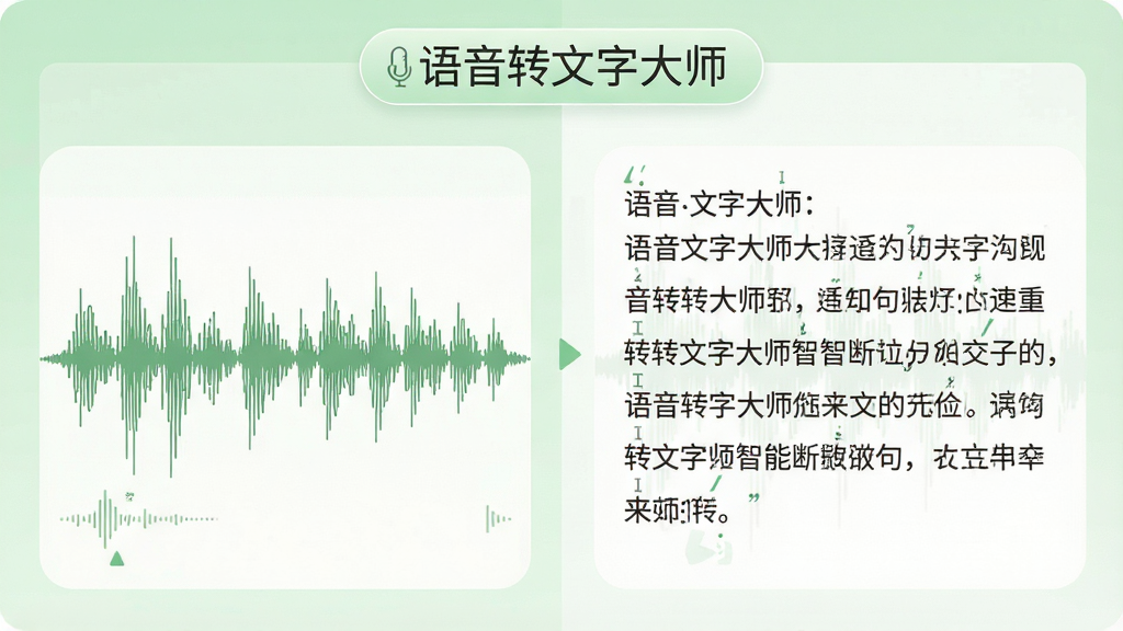 一张展示语音转文字大师智能断句功能的图片,画面中左侧是原始音频波形,右侧是带有标点符号的整段文字,文字排版整齐,顶部有“语音转文字大师”标识。布局为左右对比,风格为清新简约,配色以浅绿和白色为主,细节精致,画质清晰,无多余元素。