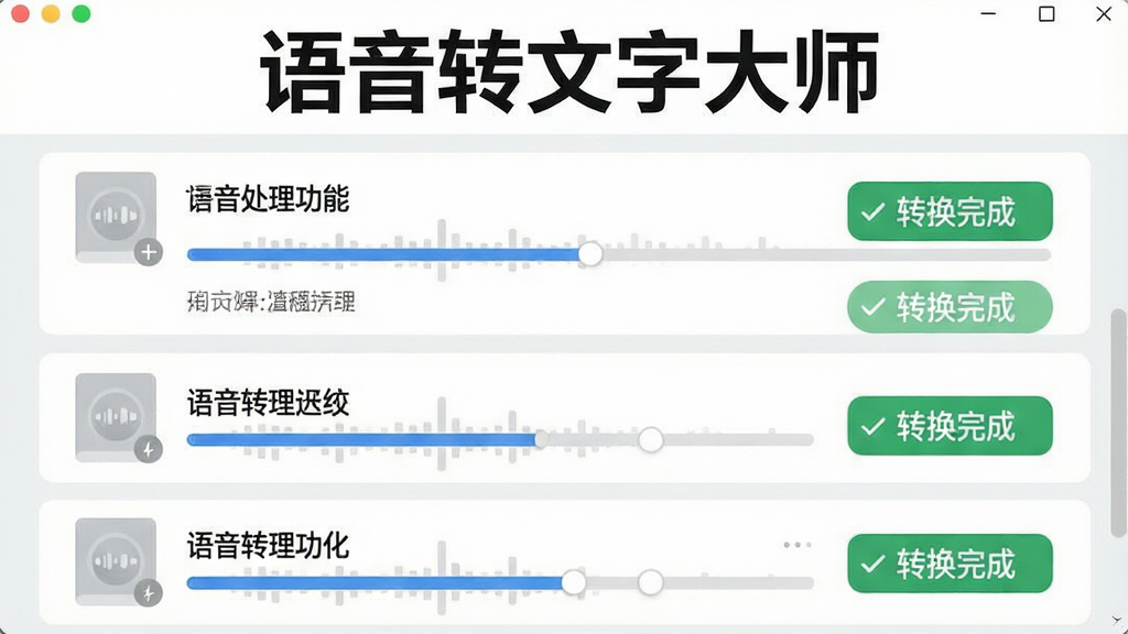 一张展示语音转文字大师批量处理功能的图片,画面中显示多个音频文件列表,每个文件旁边有进度条和“转换完成”标识,顶部有“语音转文字大师”文字。布局为纵向列表,风格为清爽扁平化,配色以白色和浅灰为主,细节清晰,画质干净,无多余元素。