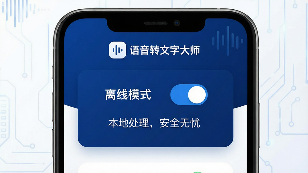 一张展示语音转文字大师离线转写功能的图片,画面中手机屏幕显示“离线模式”开关处于开启状态,下方有“本地处理,安全无忧”字样,顶部有“语音转文字大师”标识。布局为居中卡片式,风格为安全科技风,配色以深蓝和白色为主,细节干净,画质高清,无多余元素。
