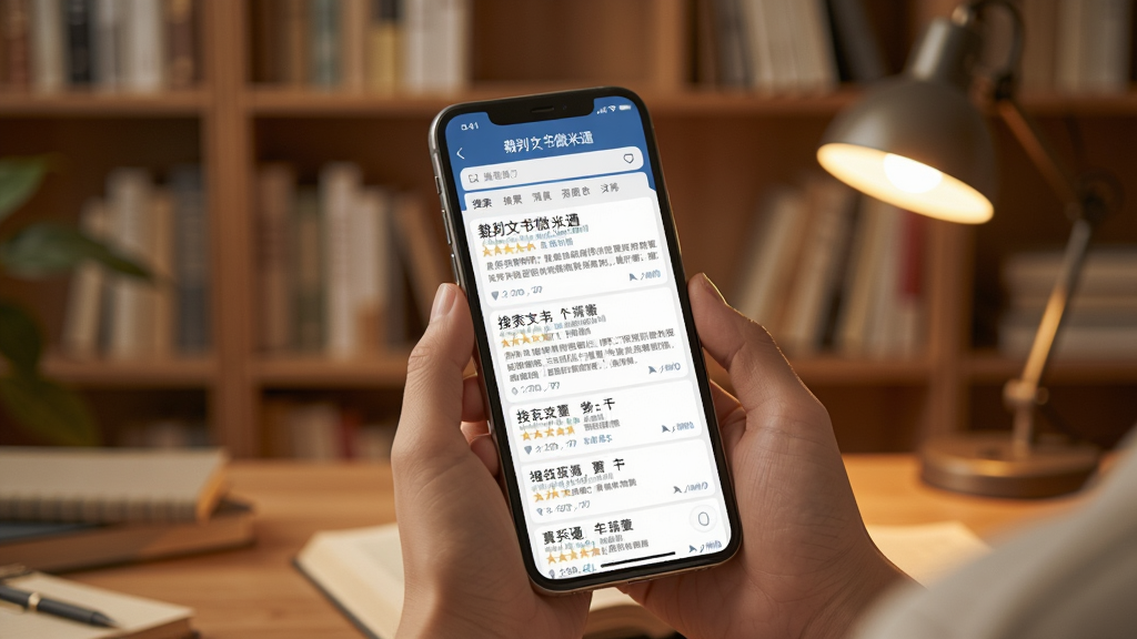 一位用户在手机上使用“裁判文书微米通”进行搜索,屏幕显示多个搜索结果列表,背景是书房环境,有书架和台灯,整体色调温暖柔和,画质清晰,干净无多余元素