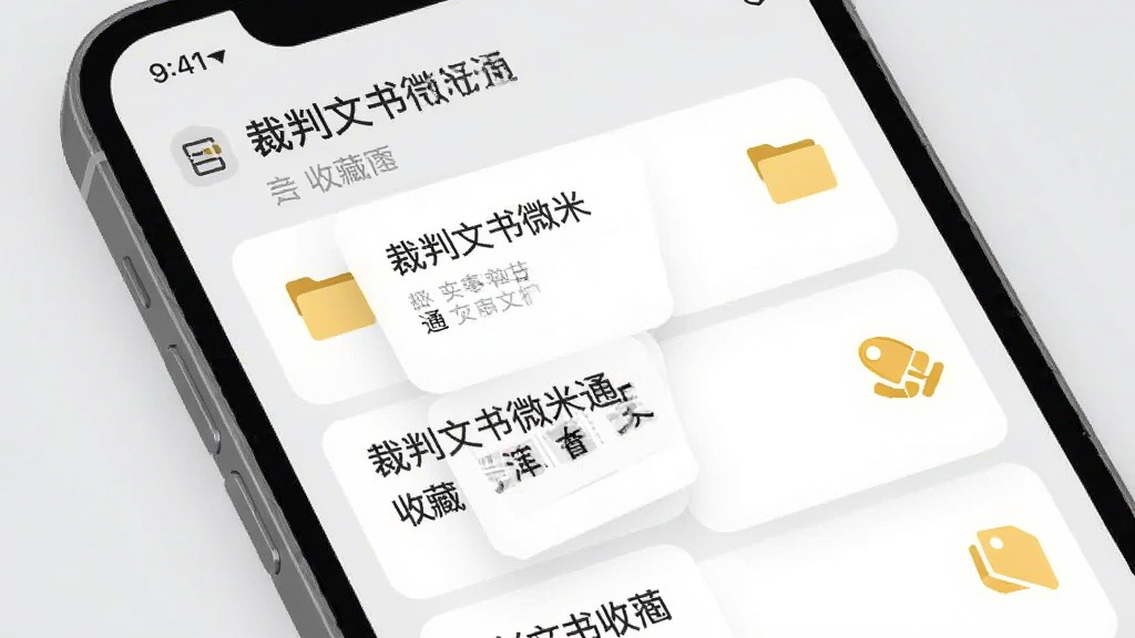 手机屏幕显示“裁判文书微米通”的收藏夹界面,多个文书条目整齐排列,旁边有文件夹和标签图标,背景为浅灰色,风格简约商务,画质干净,无多余元素