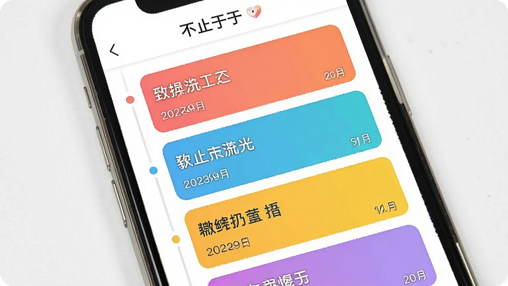 一张手机界面截图风格图片,画面展示“不止于此”应用的时间线记录页面,多条彩色卡片纵向排列,每张卡片上有简短文字和日期标签,背景为纯白色,顶部有“不止于此”文字标识,整体风格清新简约,画质干净,无杂乱元素