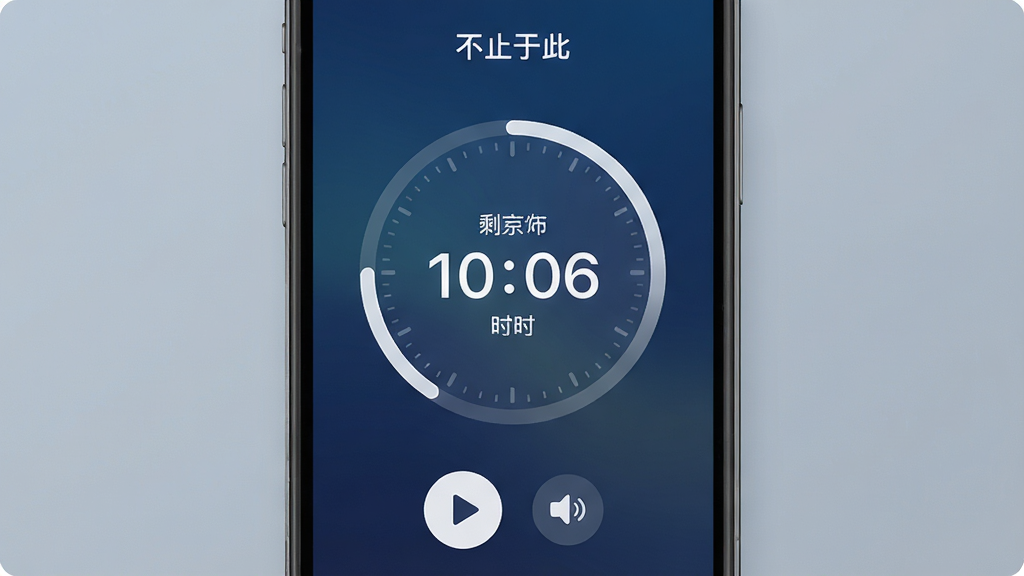 一张手机屏幕展示“不止于此”应用专注计时界面的图片,画面中央是一个大号圆形计时器显示剩余时间,下方有播放按钮和音效选择图标,背景为深蓝色渐变,整体风格安静沉稳,画质清晰,布局简洁