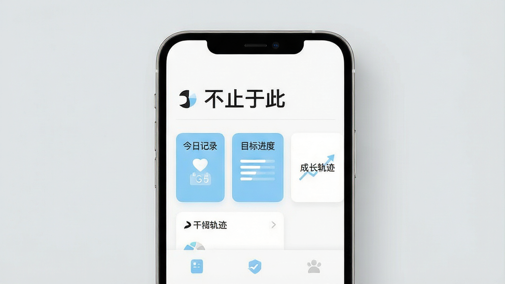 一张手机屏幕正面展示图,画面中央是简洁的白色应用主界面,顶部显示“不止于此”四个字,下方排列三个功能卡片,分别标注“今日记录”“目标进度”“成长轨迹”,整体采用浅蓝与白色搭配的清爽风格,扁平化设计,手机置于纯色浅灰背景中央,光线柔和,画质清晰干净,无多余元素