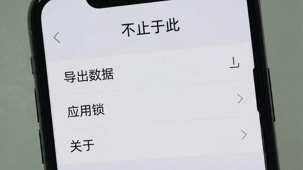 一张手机屏幕显示“不止于此”应用设置页面的图片,页面上有“导出数据”“应用锁”“关于”等选项,背景为浅灰色,文字清晰,布局整齐,画质干净,无多余装饰