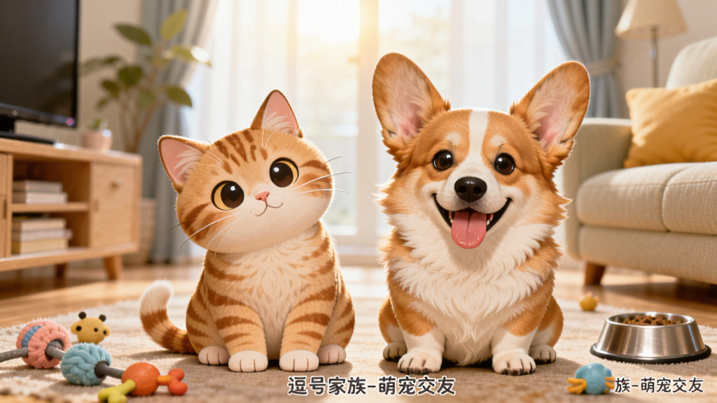 一只可爱的橘猫和一只柯基犬并排坐在明亮的客厅地板上,周围散落着宠物玩具和食盆,背景是温馨的家居环境,画面中央上方有柔和的光晕,整体布局采用居中构图,风格为卡通写实融合,细节包括猫咪好奇地歪头、狗狗吐着舌头微笑,画质清晰干净,无多余元素,图片中打文字“逗号家族-萌宠交友”