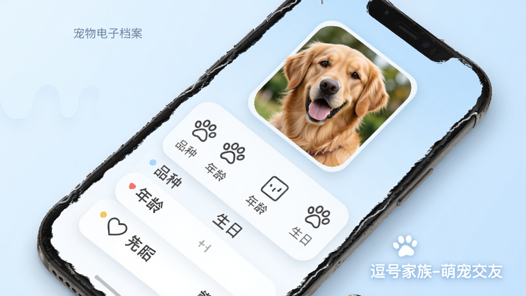 手机屏幕展示宠物电子档案界面,一只金毛犬的照片位于顶部,下方排列着品种、年龄、生日等图标和文字信息,背景为淡蓝色渐变,风格为扁平化UI设计,细节包括圆角卡片、柔和阴影,画质高清干净,图片中打文字“逗号家族-萌宠交友”