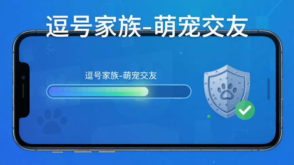 一部智能手机屏幕显示逗号家族-萌宠交友的安装进度条,旁边有盾牌图标和安全勾选标记,背景为科技蓝渐变,布局为居中展示,风格为扁平化安全主题,细节包括进度条光效、盾牌纹理,画质清晰干净,图片中打文字“逗号家族-萌宠交友”