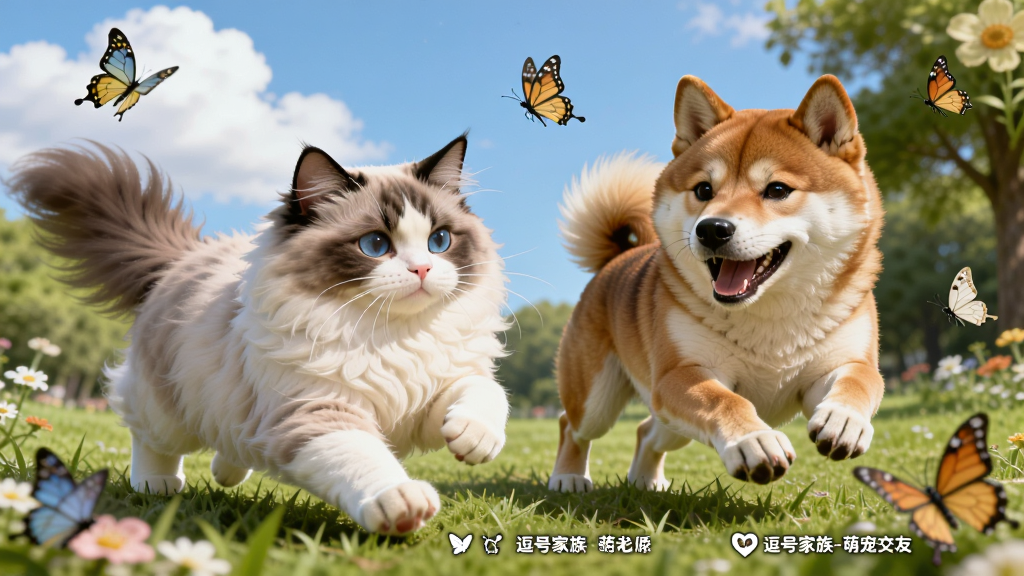 一只布偶猫和一只柴犬在草地上追逐玩耍,周围有蝴蝶飞舞,背景是蓝天白云和绿树,布局采用三分法构图,风格为清新自然风,细节包括猫咪蓬松的毛发、狗狗开心的表情,画质明亮干净,图片中打文字“逗号家族-萌宠交友”