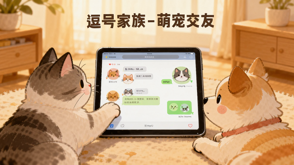 两只宠物猫和一只宠物狗围坐在平板电脑前,屏幕上显示聊天界面和宠物头像,背景是暖色调的居家环境,布局为中心对称,风格为温馨插画风,细节包括猫咪伸爪点击屏幕、狗狗专注看着,画质柔和干净,图片中打文字“逗号家族-萌宠交友”