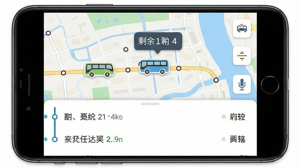 公交地铁马上通软件界面截图,画面主体是手机屏幕上的地图视图,地图上显示着移动的公交车图标和剩余站数气泡,布局为上下结构上方地图下方线路列表,风格为简洁明快的UI设计,细节包含清晰的站点名称和预计到达时间,画质高清干净无多余元素